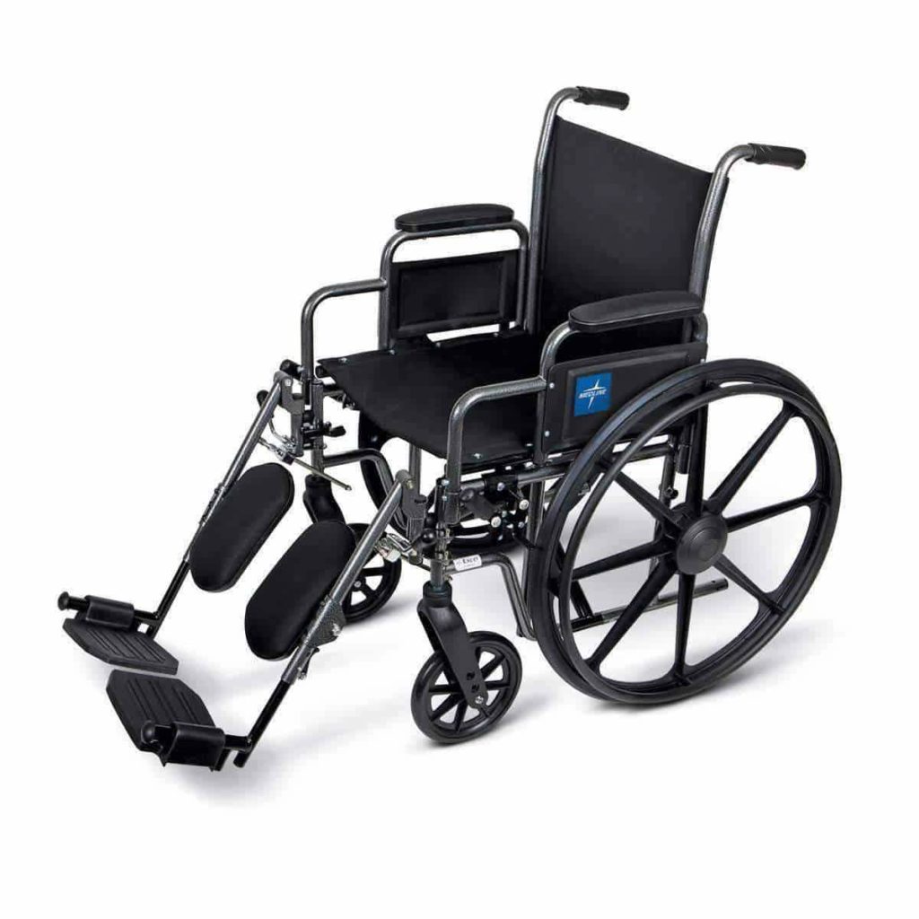 Wheelchair with built-in seat lift, integrated walker 